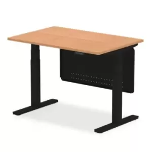 Image of Air 1200 x 800mm Height Adjustable Desk Oak Top Black Leg With Black Steel Modesty Panel