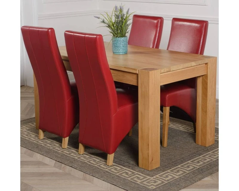 Image of Thats Furniture Kuba 150 x 85cm Chunky Medium Oak Dining Table & 4 Lola Leather Chairs in Red Red Unisex 150 x 85 cm
