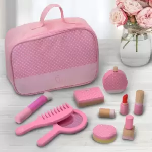 Image of Chloe Wooden Travel Vanity Set Makeup Kit Pretend Play Cosmetics with Bag & 9 Accessories Fashion Polka Dot Print Pink TK-W00010 - Teamson Kids