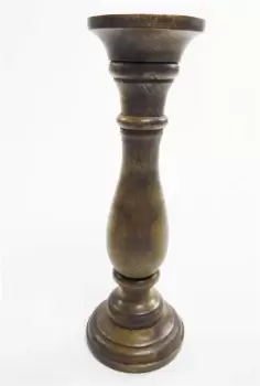 Image of Antique Effect White Brown Wooden Hand Carved Pillar Church Candle Holder Stick Medium 37cm High
