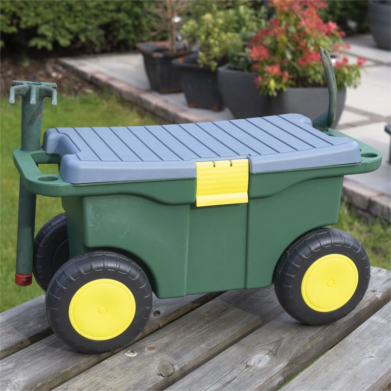 Image of Outdoor Rolling Garden Seat Wheeled Stool with Tool Tray & Store ELV-611297 Garden Cart Trolley