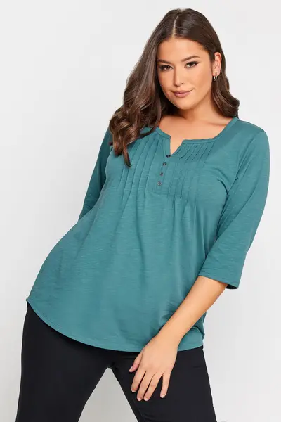 Image of Yours Pintuck Henley Cotton Top Teal