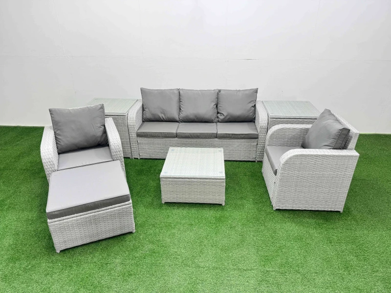 Image of Fimous PE Rattan Garden Furniture Set Reclining Chair Sofa Lounge Sofa Set Square Coffee Table 2 Side Table Big Footstool Light Grey Light Grey