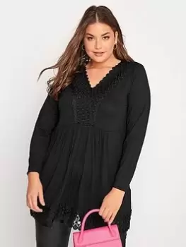 Image of Yours Long Sleeve Crochet Trim Tunic. Black, Size 18, Women