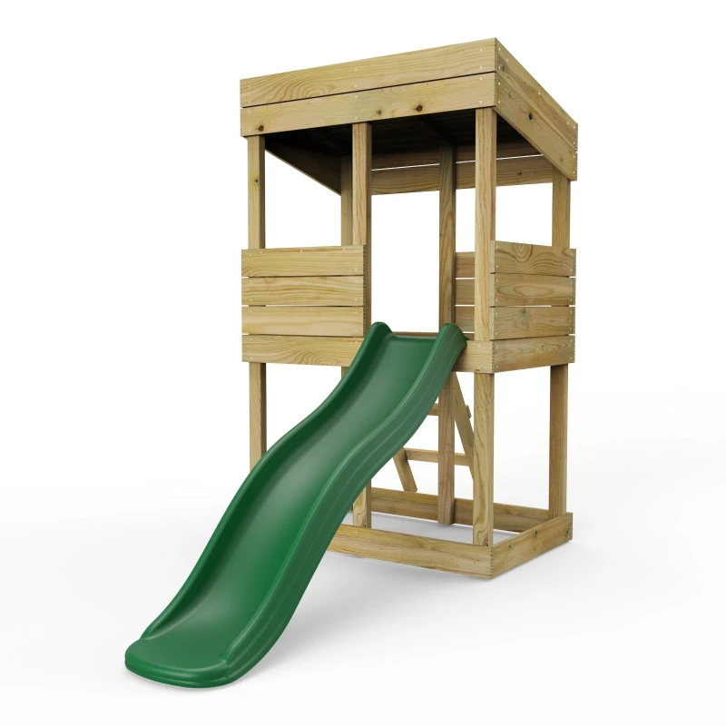 Image of Rebo Wooden Lookout Tower Playhouse with 6ft Slide - Standard Set Natural