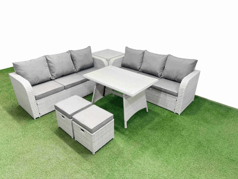 Image of Fimous Patio Dining Table & Chairs Set Rattan High Back Lounge Sofa Set With 3 Seater Sofa Side Table 2 Small Stool Light Grey