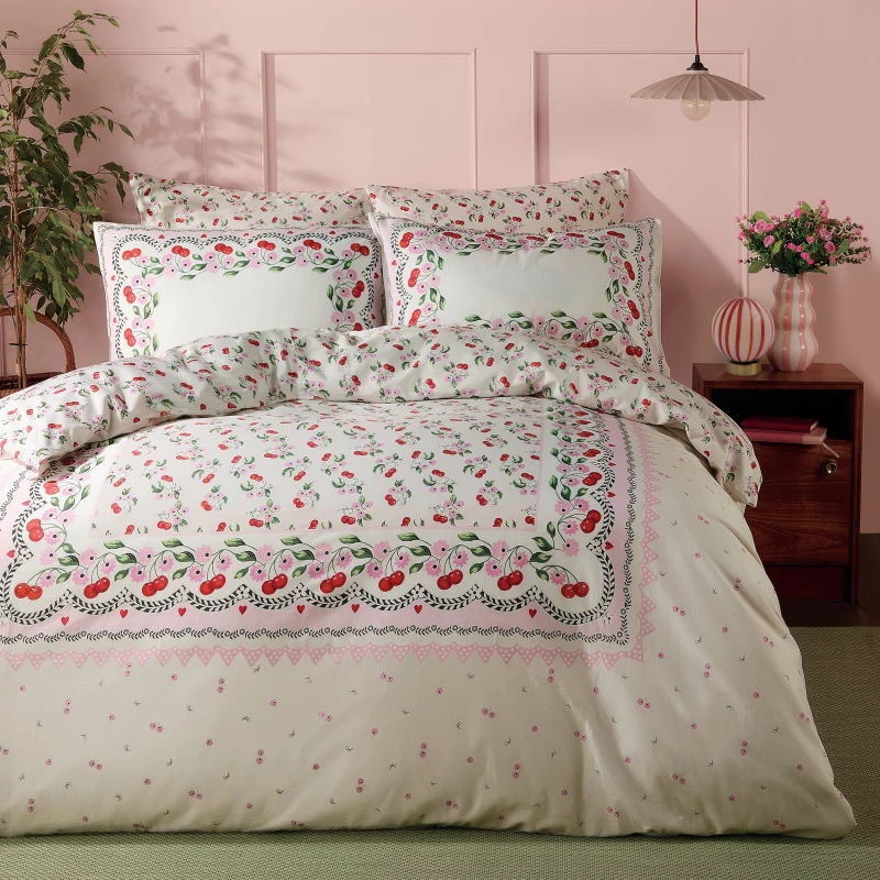 Image of Cath Kidston Cherry Picked Duvet Cover Bedding Set Pink Cream