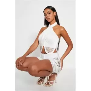 Image of I Saw It First White Halterneck Tassel Crop Top Co-Ord - White