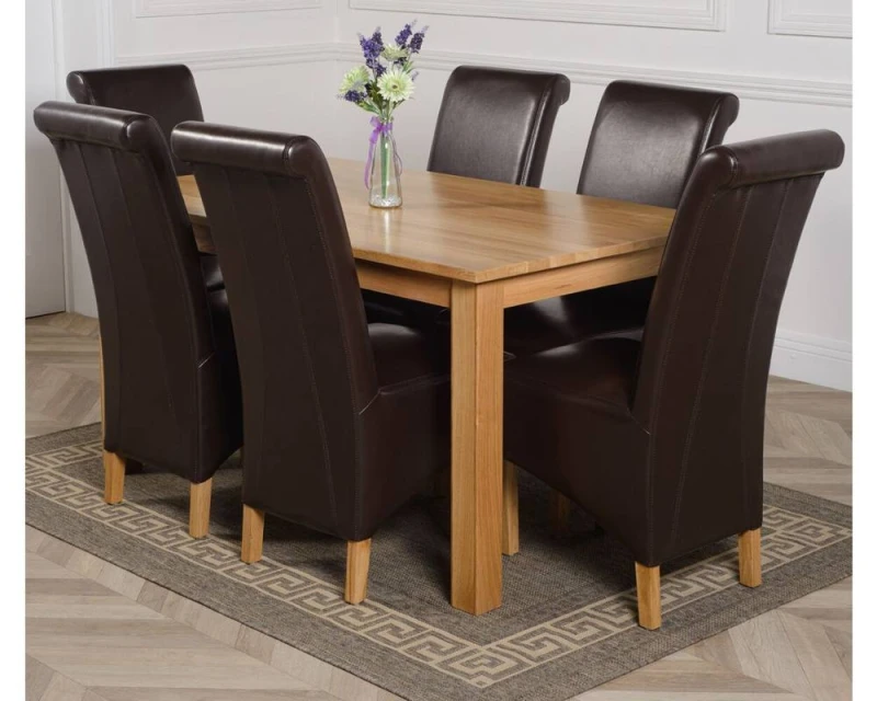 Image of Thats Furniture Oslo 150 x 90cm Medium Oak Dining Table & 6 Montana Leather Chairs in Brown Brown Unisex 150 x 90 cm