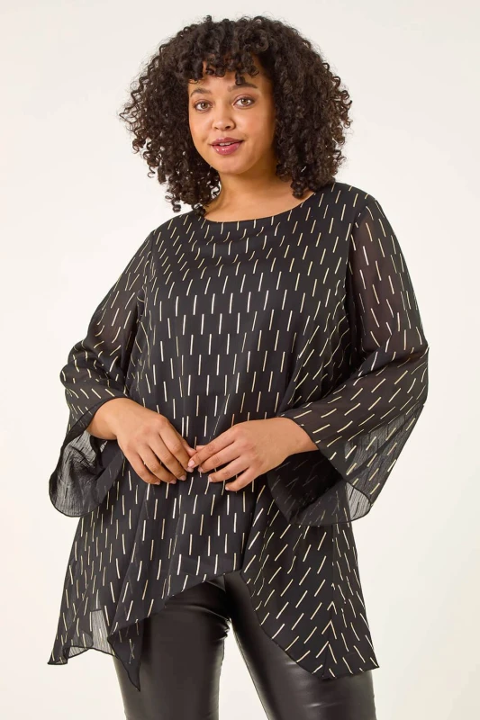 Image of Roman Womens Curve Chiffon Overlay Foil Top in Black Size: 20 Black Female 20
