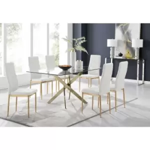 Image of Furniturebox Leonardo 150cm Modern Glass And Gold Metal Dining Leg Table And 6 White Milan Faux Leather Gold Leg Dining Chairs
