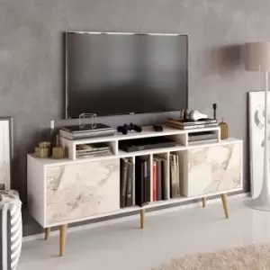 Image of Char 160 Cm tv Unit ,tv Stand With Two Cabinets ,tv Cabinet With Solid Wood Legs, tv Console With Open Shelves Up To 71 TV'S-White And White Marble