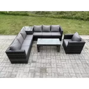 Image of Fimous 7 Seater Outdoor Dark Grey Rattan Lounge Complete Sofa Set with Square Side Table and Rectangular Coffee Table