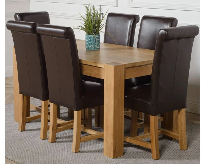 Image of Thats Furniture Kuba 180 x 90cm Chunky Oak Dining Table & 6 Washington Leather Chairs in Brown Brown Unisex 180 x 90 cm