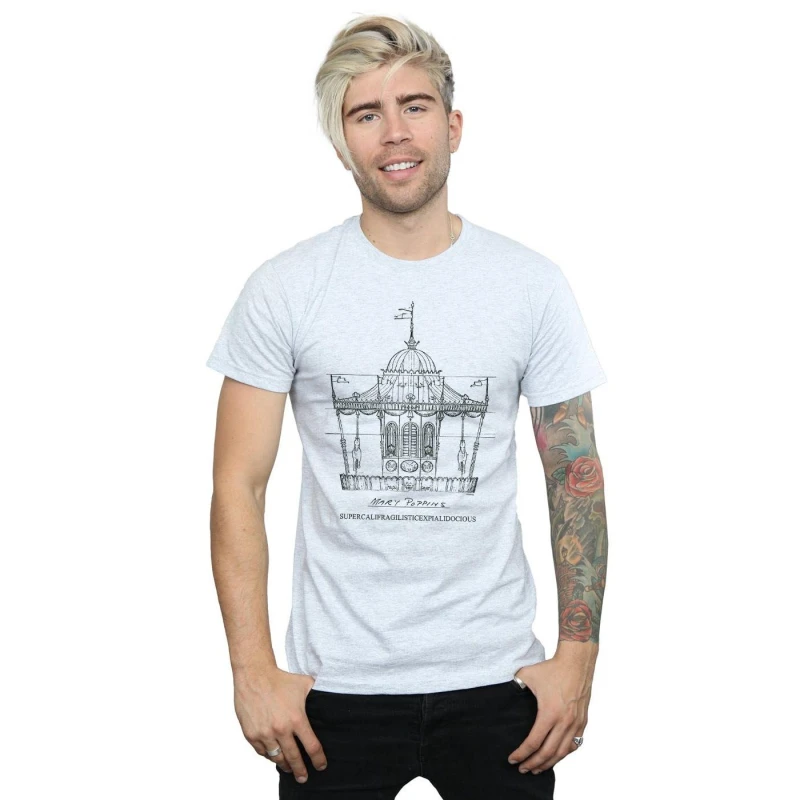 Image of Disney Men Mary Poppins Carousel Sketch T-Shirt in Grey Size: Small Grey S Male 5057981440740