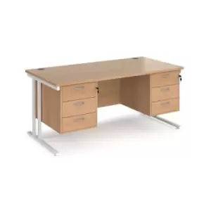 Image of Office Desk Rectangular Desk 1600mm With Double Pedestal Beech Top With White Frame 800mm Depth Maestro 25 MC16P33WHB