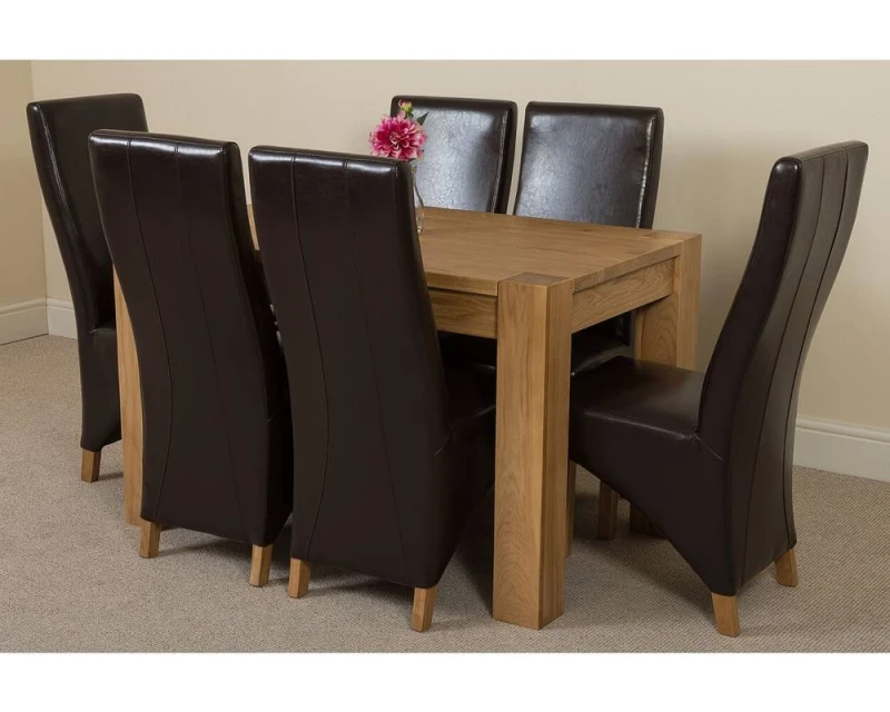 Image of Thats Furniture Kuba 125 x 80cm Chunky Oak Small Dining Table & 6 Lola Leather Chairs in Brown Brown Unisex 125 x 80 cm