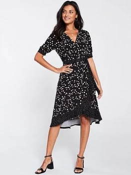 Image of Oasis Spot Ruffle Wrap Midi Dress - Multi Black, Multi Black, Size XL, Women