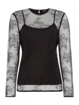 Image of DKNY Long sleeve lace detail top Black