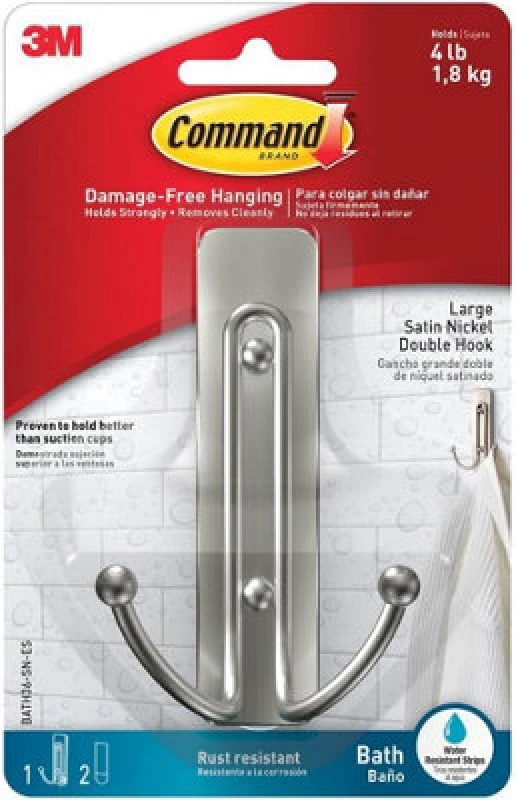 Image of 3M CLAW Command Bath Large Double Hook Satin Nickel Bath36-SN Silver
