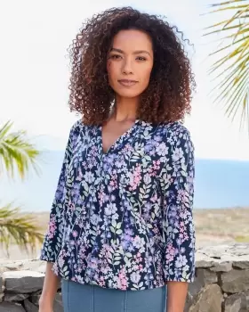 Image of Cotton Traders Womens ¾ Sleeve Bubble Hem Print Jersey Top in Blue