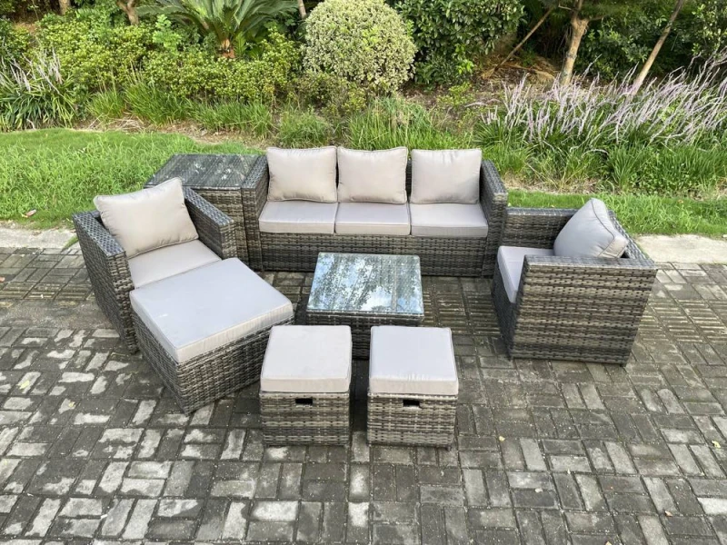 Image of Fimous 8 Seater Wicker Rattan Garden Furniture Sofa Set with Side Table Armchair Square Coffee Table Dark Grey Mixed Dark Grey