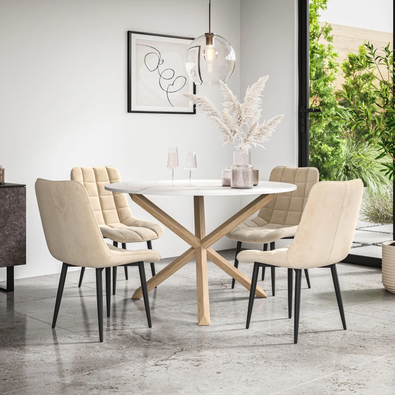 Image of More4Homes Malvern Round Dining Table And Chairs - Marble Table Top W Solid Oak Legs + Nova Velvet Dining Chair Set Of 4 (Beige)