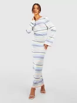 Image of Boohoo Scoop Back Floaty Stripe Knitted Maxi Dress - Pink, Size 14, Women