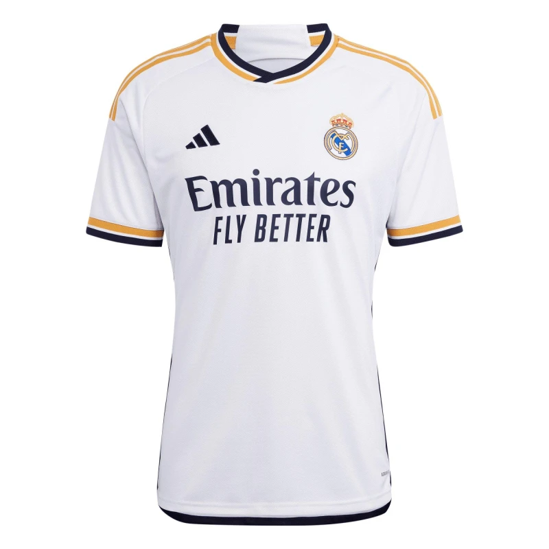 Image of adidas Real Madrid Home Shirt 2023 2024 Adults White/Gold male XS