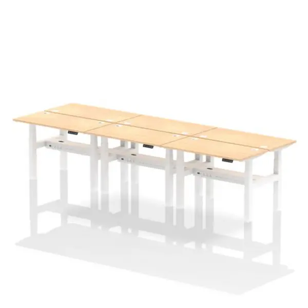 Image of Air Air Back-to-Back 1200 x 600mm Height Adjustable 6 Person Bench Desk Maple Top with Cable Ports White Frame HASCP6P12600MPEW