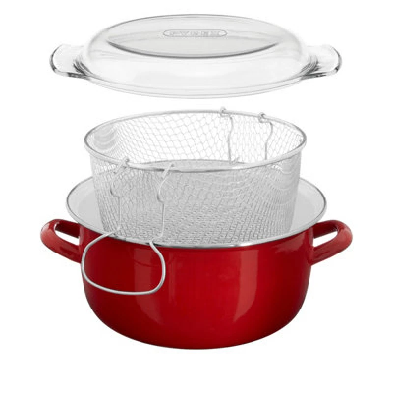 Image of Premier Housewares Interiors By Premier Red Enamel Deep Fat Fryer, Removable Basket Deep Fryer, Scratch-Resistant Mini Deep Fryer For Home Frying