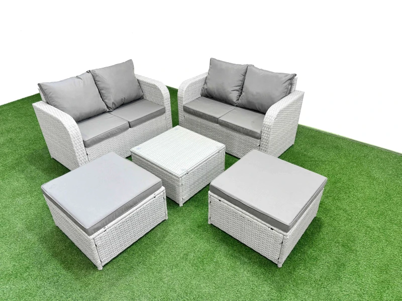 Image of Fimous 6 Seater Outdoor Love Sofa Set Rattan Garden Furniture Set with Square Coffee Table 2 Footstool Light Grey Light Grey