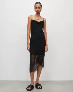 Image of AllSaints Ulla Square Neck Mesh Draped Midi Dress