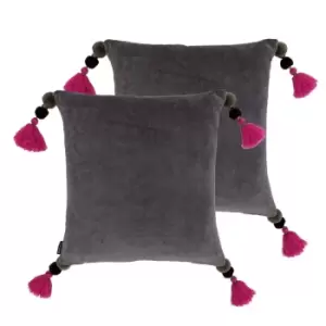 Image of Paoletti Poonam Polyester Filled Cushions Twin Pack Cotton Mink/Damson