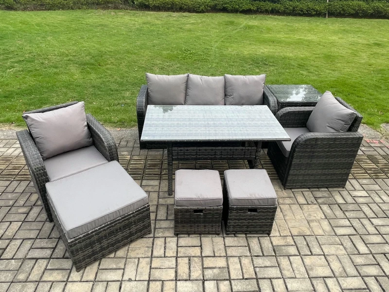 Image of Fimous 8 Pcs Rattan Outdoor Garden Furniture Set Rectangular Dining Table & Chair Sofa Set With Side Table 3 Footstools in Dark Grey Dark Grey Unisex