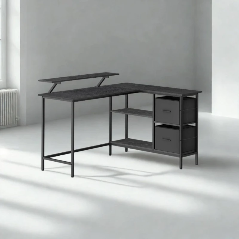 Image of Pirlo Plush Industrial Rustic L-Shaped Corner Computer Desk With Drawers Black Unisex