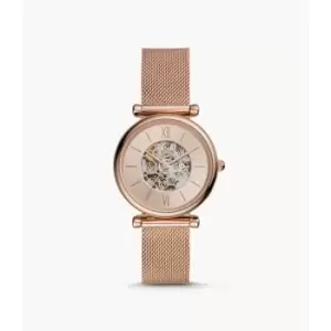 Image of Fossil Womens Carlie Automatic Rose Gold-Tone Stainless Steel Mesh Watch - Rose Gold
