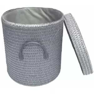 Image of Strong Woven Round Lidded Laundry Storage Basket Bin Lined PVC Handle [Dark Grey,Medium 30 x 32 cm]