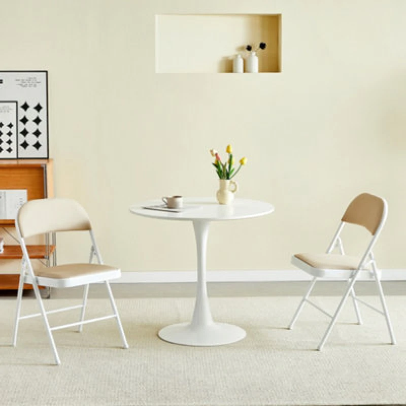 Image of MCC Direct Set of 2 Folding Dining Chairs Metal Frame Padded Seats Beige