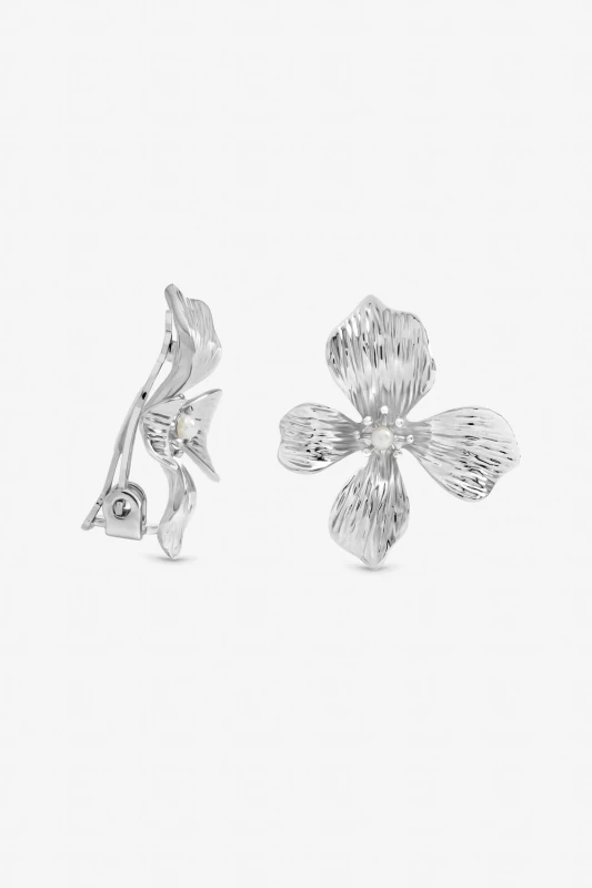 Image of Jon Richard Womens Silver Plated & Pearl Statement Flower Clip Earrings Silver Female One Size