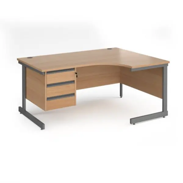 Image of Office Desk Right Hand Corner Desk 1600mm With Pedestal Beech Top With Graphite Frame 1200mm Depth Contract 25 CC16ER3-G-B