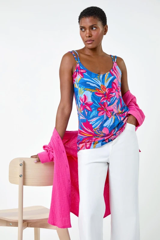 Image of Roman Womens Tropical Floral V-Neck Strap Detail Cami Top in Pink Size: 20 Pink Female 20