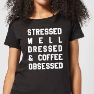 Image of Stressed Dressed and Coffee Obsessed Womens T-Shirt - Black - 5XL