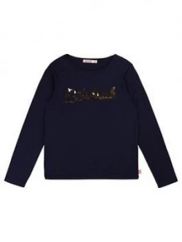 Image of Billieblush Girls Long Sleeve Metallic Logo T-Shirt - Blue