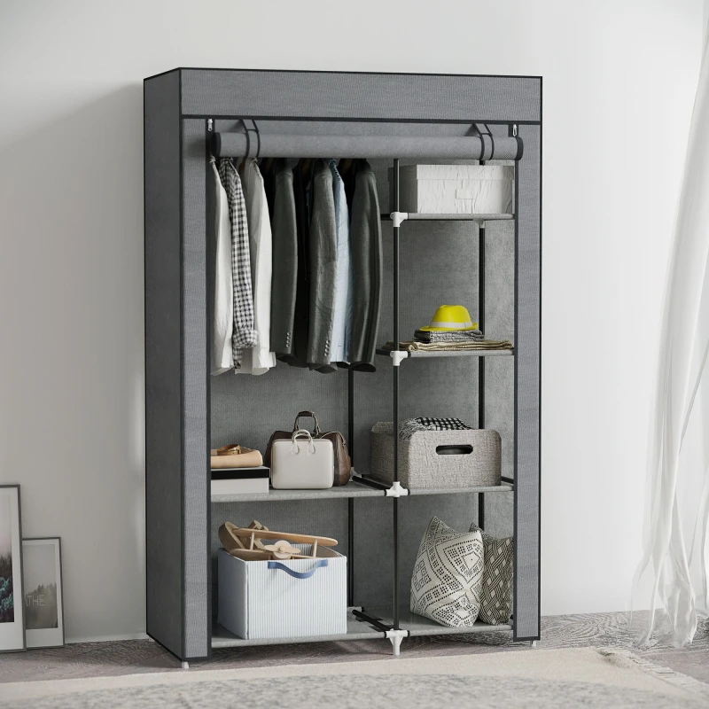 Image of HOMCOM HOMCOM Fabric Wardrobe Portable Wardrobe with 6 Shelves 1 Hanging Rail in Dark Grey Dark Grey One Size Unisex 5063603019898