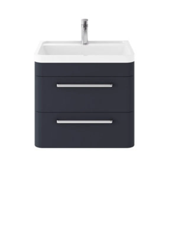 Image of Nuie Hudson Reed Solar Wall Hung Vanity Unit With Polymarble Basin, Modern 2 Drawer Bathroom Sink Vanity Unit In Indigo Blue, 600mm