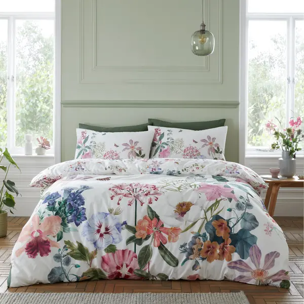 Image of RHS Exotic Garden 200 Thread Count White Cotton Reversible Duvet Cover and Pillowcase Set White