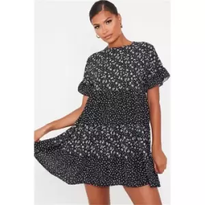 Image of I Saw It First Black Woven Floral Polka Dot Tiered Smock Dress - Black