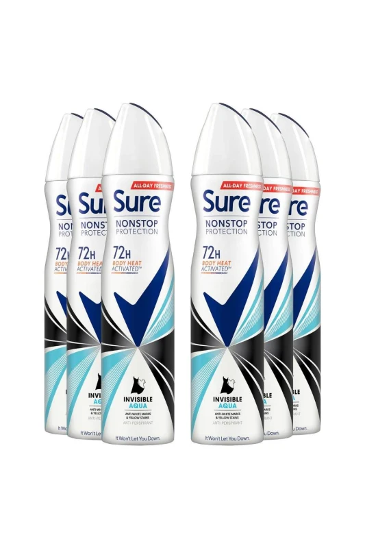 Image of Sure Women 'Antiperspirant' 72H Protection Invisible Aqua Deo, 6x250ml White female