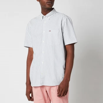 Image of Tommy Jeans Mens Striped Short Sleeve Shirt - Cinder Blue/White - M